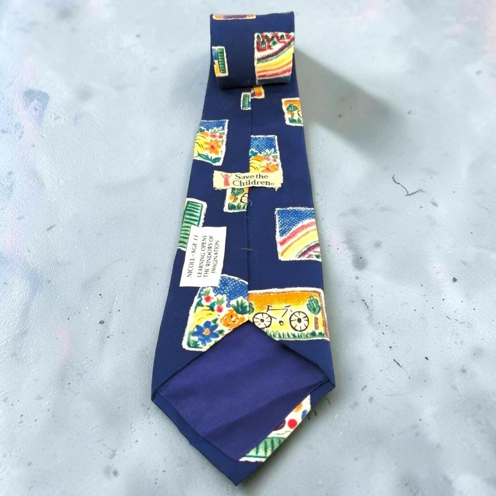 VTG Save the Children Silk Tie Nicole Windows of Imagination Rocket Ship Navy